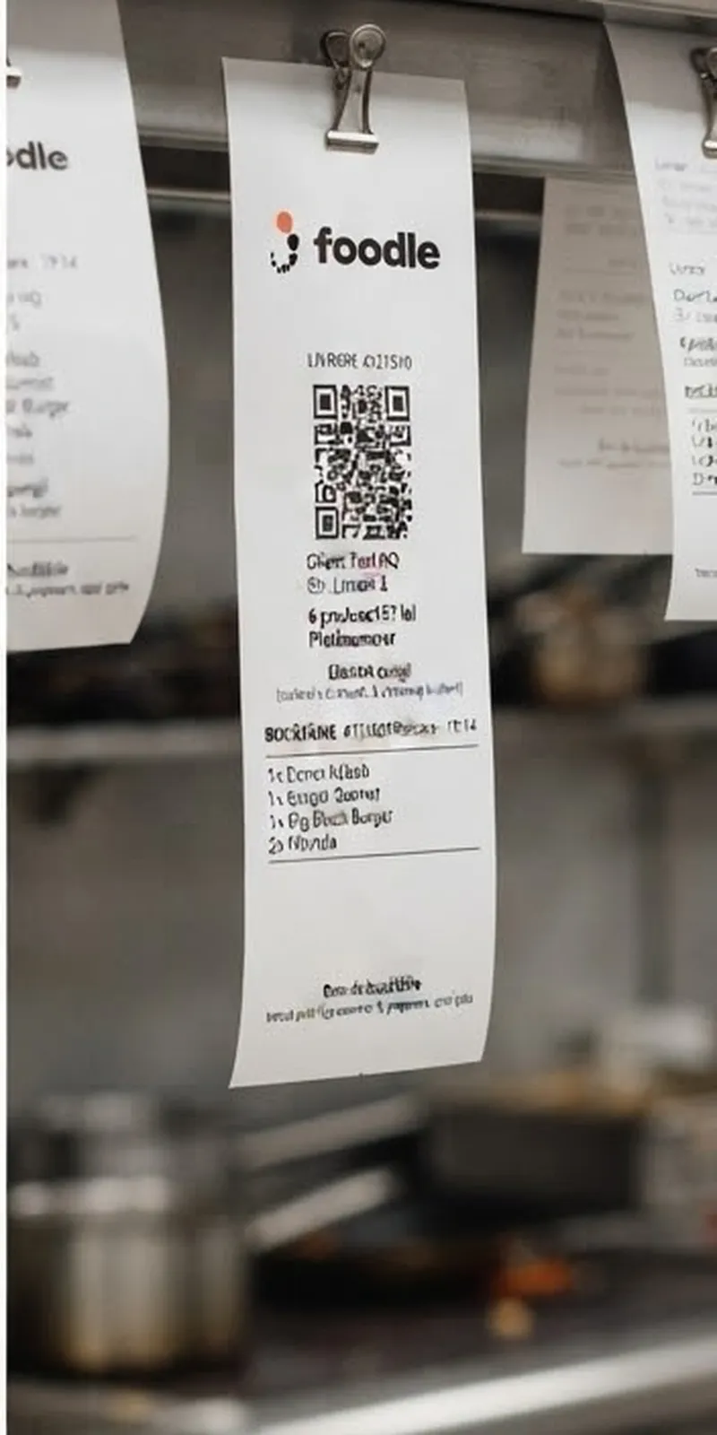 Bon de bucătărie cu cod QR, prins pe șina din bucătărie